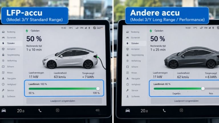 Illustratie van de laadlimiet bij een Tesla met LFP-accu en met een andere accu