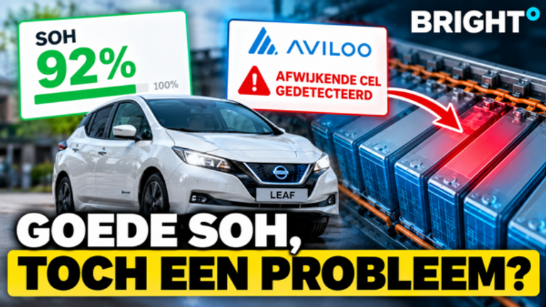 Nissan Leaf met een SOH van 92%, terwijl een AVILOO-accutest een afwijkende batterijcel detecteert.